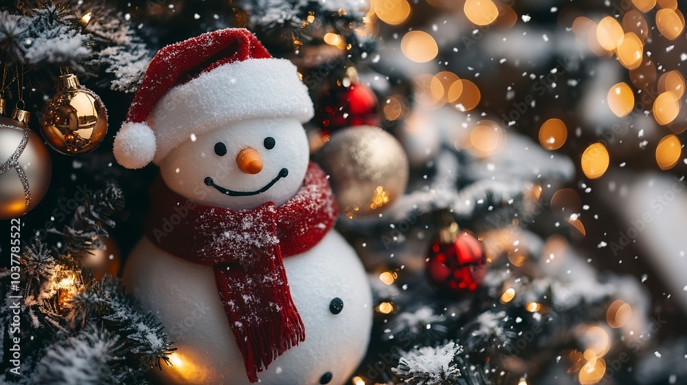 Snowman with a red scarf next to a Christmas tree adorned with ornaments, wide-angle shot, snow falling gently, twinkling lights on the tree, pine branches lightly dusted with snow Snowman with a red scarf next to a Christmas tree adorned with ornaments, wide-angle shot, snow falling gently, twinkling lights on the tree, pine branches lightly dusted with snow