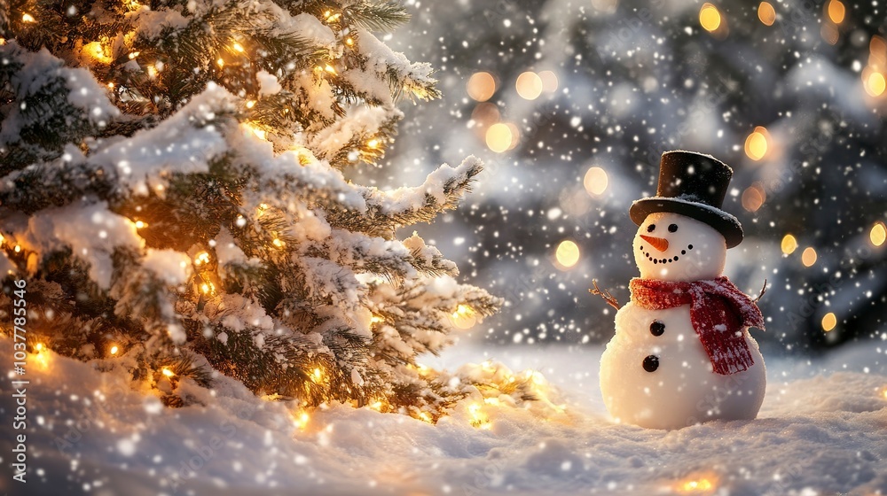 Obraz premium Snowman next to a snow-covered Christmas pine tree, wide-angle from below, warm golden lights twinkling on the tree, snowfall creating a magical atmosphere, festive and joyful scene. 