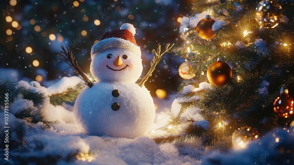 Obraz premium Snowman with twig arms waving beside a Christmas tree glowing with ornaments, wide-angle shot, snowfall drifting softly, pine branches sparkling under warm lights, peaceful holiday mood. 