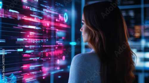 A forward-thinking business person standing confidently, surrounded by holographic charts and innovative technology in a modern office