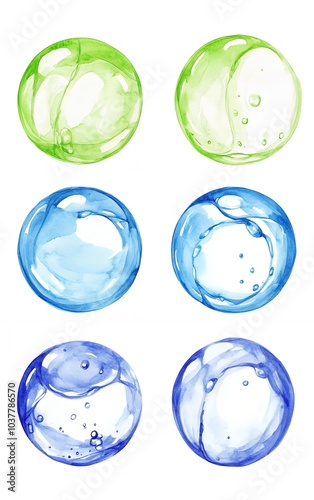 Wallpaper Mural Six watercolor illustrations of round liquid spheres with different shades of blue and green. These could be used for beauty, skincare, or cosmetic product design. Torontodigital.ca