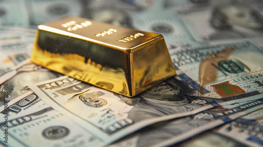 Gold Bar Resting on a Pile of US Dollar Bills Gold Bar Resting on a Pile of US Dollar Bills