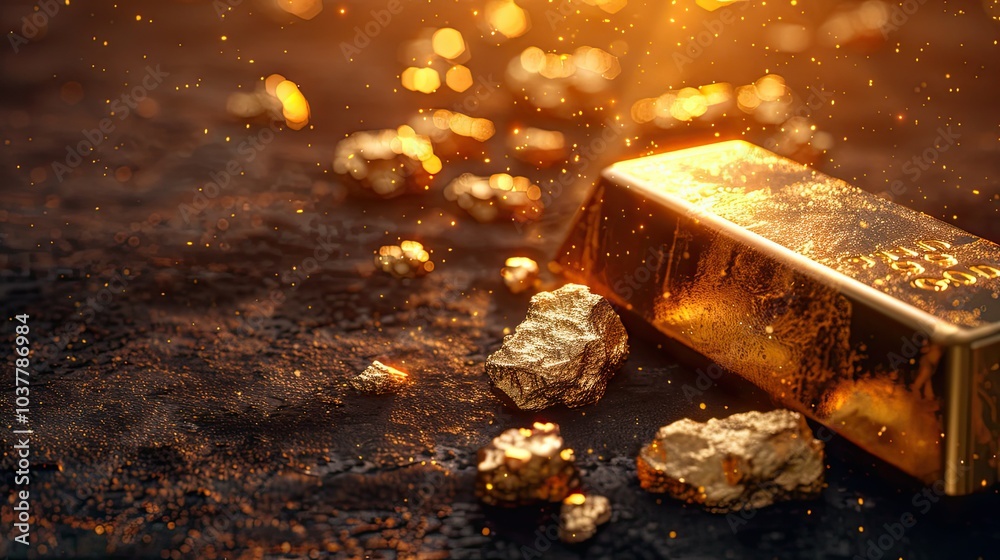 Gold Bar and Nugget with Golden Light Gold Bar and Nugget with Golden Light