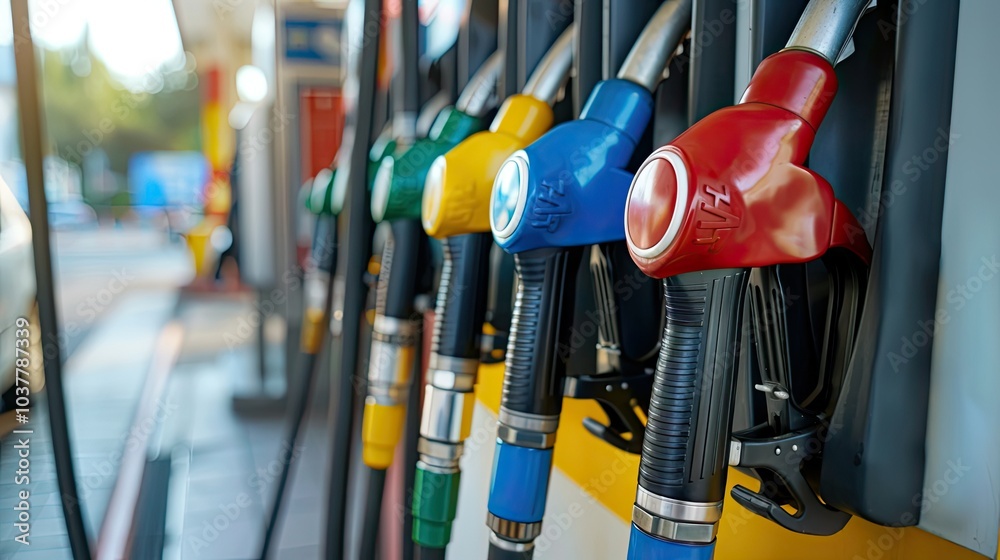 Colorful Fuel Nozzles at a Gas Station Colorful Fuel Nozzles at a Gas Station