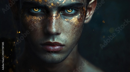 Intense Gaze: A Portrait of a Man with Golden Makeup