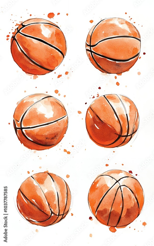 Six basketballs are illustrated in watercolor, painted against a white background, with subtle splatter details.