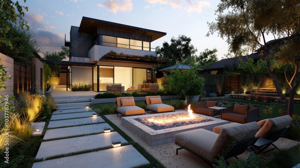 Fototapeta premium Modern Backyard Oasis with Fire Pit