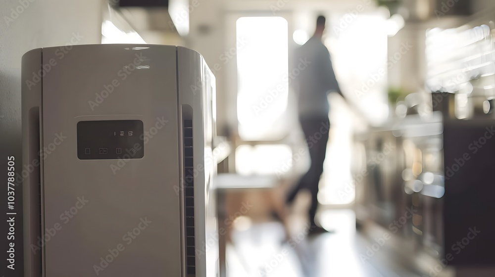 Close-up of an air purifier in a modern home, representing indoor air quality control and allergy prevention during peak allergy season. filter,carbon, purify, healthy, breathe, clean,seasonal Close-up of an air purifier in a modern home, representing indoor air quality control and allergy prevention during peak allergy season. filter,carbon, purify, healthy, breathe, clean,seasonal