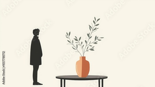 Introvert Solitude Minimalism Simple minimalist table with one vase, person standing nearby, flat design illustration photo