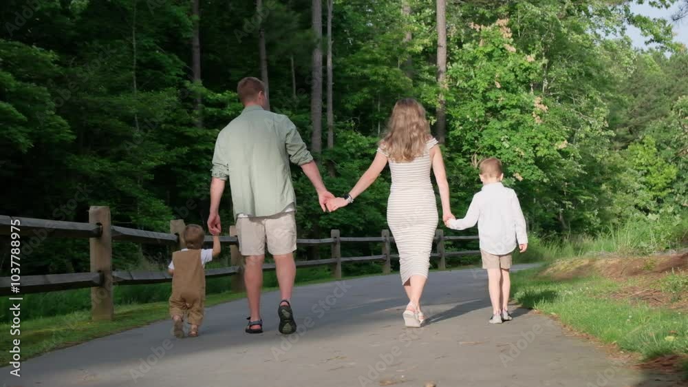 A family strolls a wooded path, hand in hand with their dog