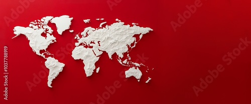 A white 3D world map on a red background, symbolizing global connection and exploration.