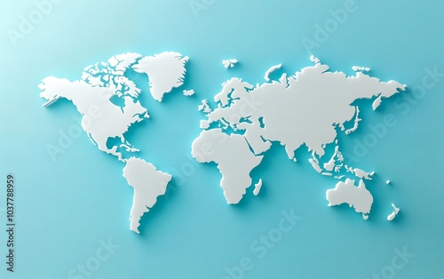 A white 3D world map on a blue background. Perfect for representing global reach and connection.