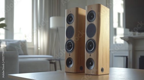 Wooden Speakers on a Table photo