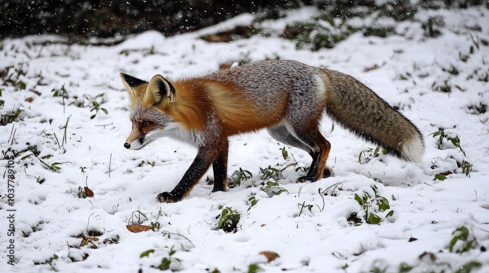 Fototapeta premium A red fox walks through a snowy forest, its fur dusted with snowflakes.