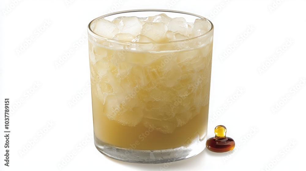 A refreshing cocktail with ice and a garnish of syrup in a glass. A refreshing cocktail with ice and a garnish of syrup in a glass.