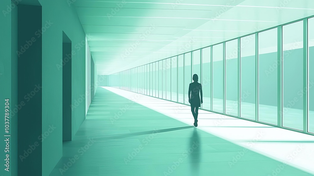 Fototapeta premium Introvert Solitude Minimalism Person walking alone in a minimalist corridor, quiet surroundings, flat design illustration