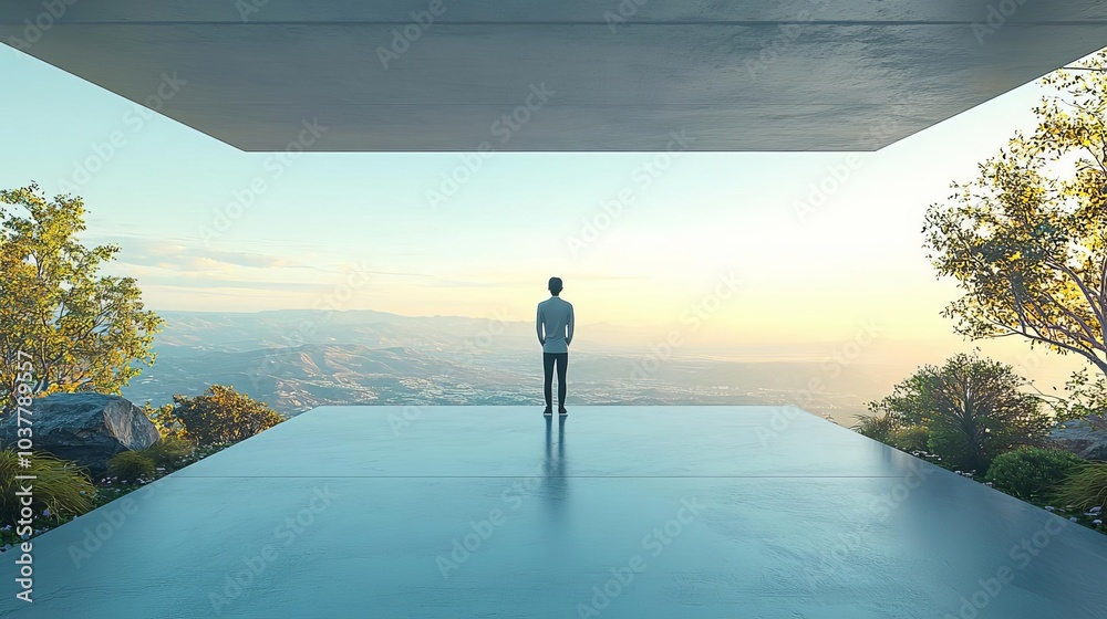 Obraz premium Introvert Solitude Minimalism Person standing in a quiet, empty hallway, enjoying serene atmosphere, flat design illustration