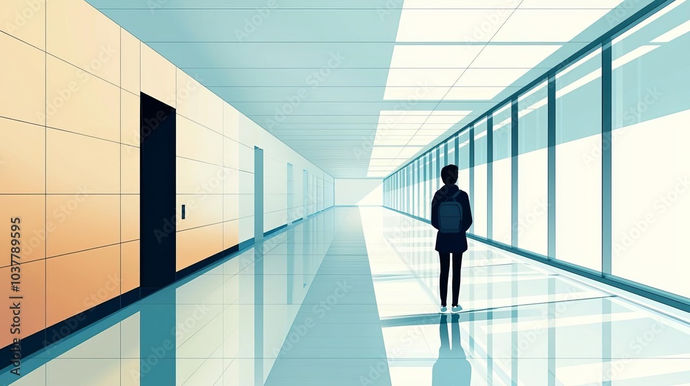 Fototapeta premium Introvert Solitude Minimalism Person standing in a quiet, empty hallway, enjoying serene atmosphere, flat design illustration