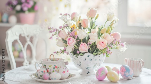 A white table with a vase of pink and white flowers, decorated Easter eggs, a teapot, and a creamer.