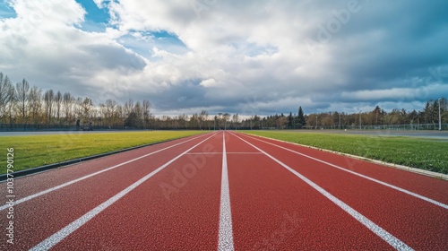 A running track's finish line with rubber surface and line markings, outdoor setting with cloudy weather, Sharp style