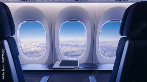 A view from the inside of an airplane, showcasing three windows with a clear sky and clouds visible outside.