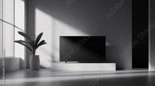 Modern minimalist living room with a black television, a white console, a plant in a vase, and natural light filtering through the windows.