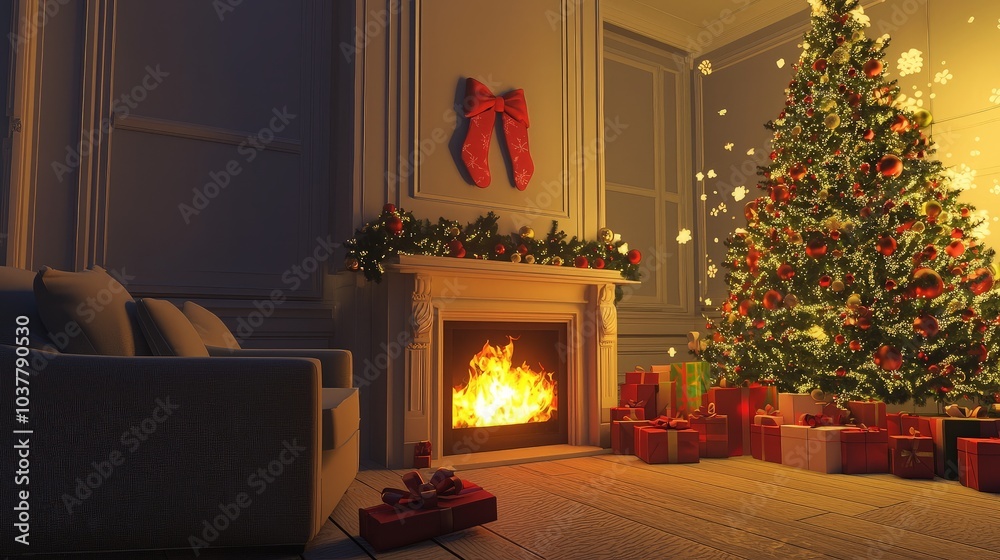 Fototapeta premium Cozy Christmas living room with fireplace, decorated tree, and presents.
