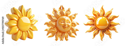 Bright Yellow Sun Icons on Transparent Background