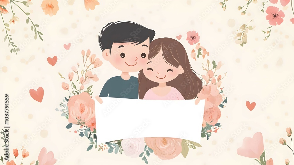 Cute Couple Holding Blank Banner with Floral Background for Valentine s Day Wedding or A Cute Couple Holding Blank Banner with Floral Background for Valentine s Day Wedding or A