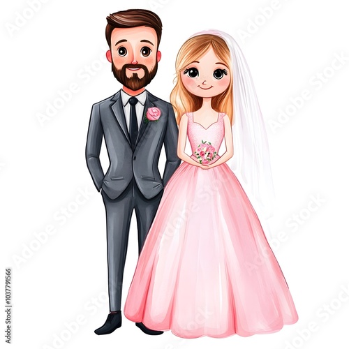 Cute Cartoon Bride and Groom Wedding Illustration