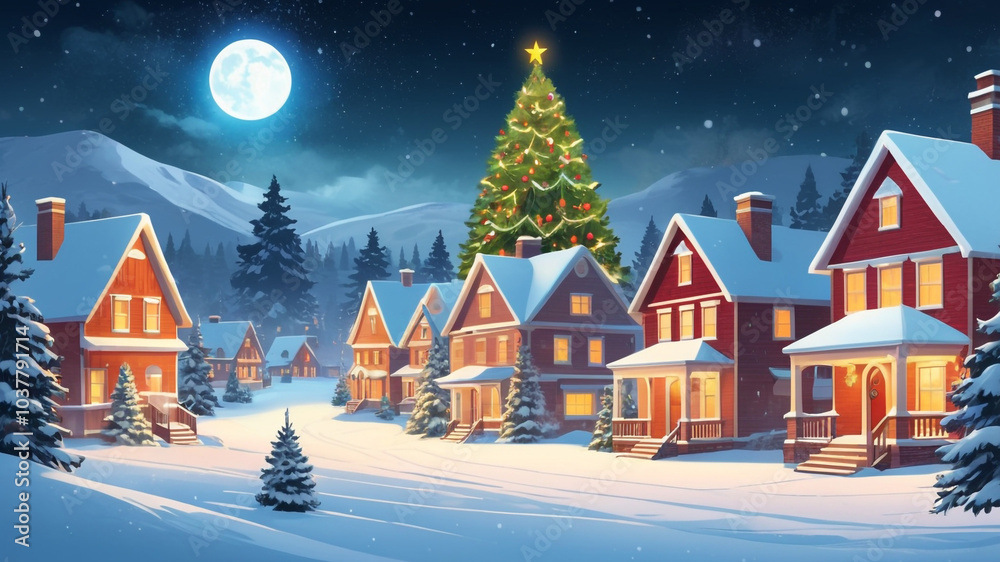 Fototapeta premium Dreamy Christmas Landscape: Cottages Bathed in Festive Glow