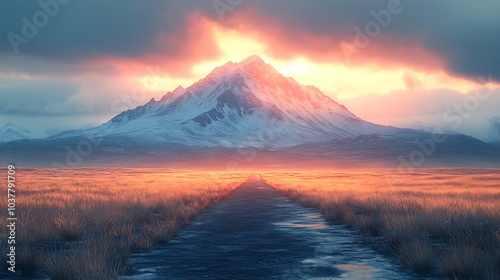 A long, straight road leads towards a snow-capped mountain peak bathed in the golden light of a dramatic sunset.