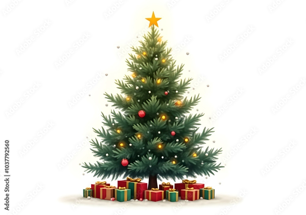 Christmas tree isolated on the white background, white snow, Christmas tree and Gift boxes. Christmas tree isolated on the white background, white snow, Christmas tree and Gift boxes.