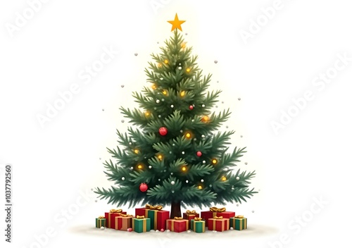 Christmas tree isolated on the white background, white snow, Christmas tree and Gift boxes.