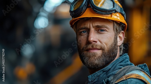 A confident male worker wearing a helmet and goggles, showcasing a rugged look and determination in a work environment.