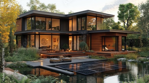 Modern home with solar panels surrounded by lush greenery.