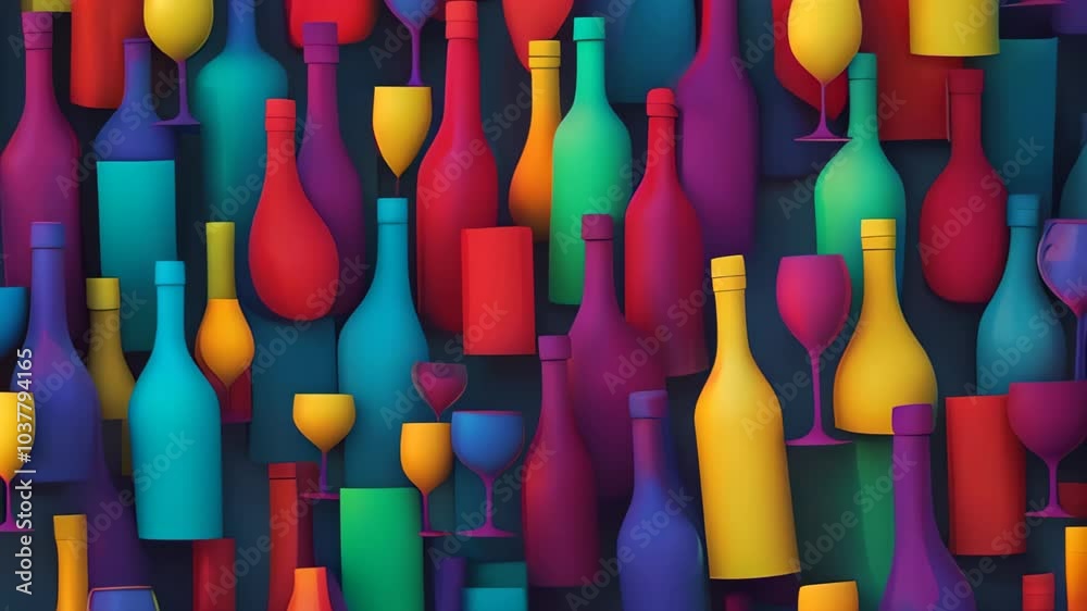 Set of colorful wine bottles and glasses, each with a different vibrant hue Set of colorful wine bottles and glasses, each with a different vibrant hue