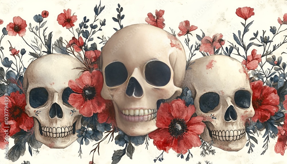 A Group of Skulls Adorned with Flowers A Bold Fusion of Life and Death.
A Group of Skulls Adorned with Flowers A Bold Fusion of Life and Death.
