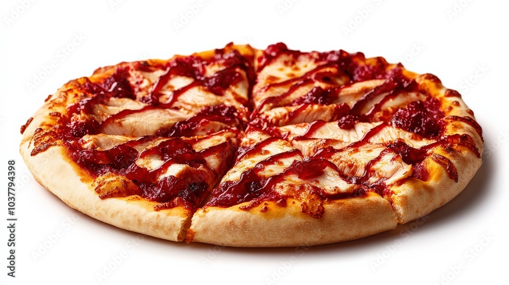 Delicious pizza with chicken and barbecue sauce, mouth-watering flavor, isolated background. Delicious pizza with chicken and barbecue sauce, mouth-watering flavor, isolated background.