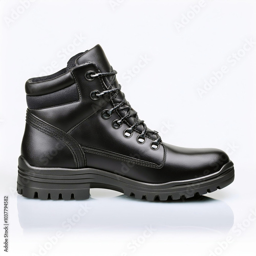 Sleek, black leather boot with sturdy sole and lace-up closure. Perfect for any weather, these boots offer style and durability.  A classic design, updated for modern wear. photo