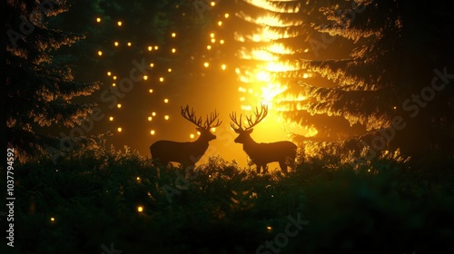 Two deer silhouetted against a glowing sunset in a forest.