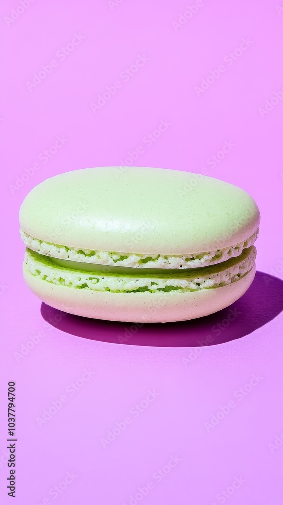 A coconut-lime macaron with a pale green shell and zesty lime filling resting on a vibrant purple background, showcasing the tropical flavor combination. A coconut-lime macaron with a pale green shell and zesty lime filling resting on a vibrant purple background, showcasing the tropical flavor combination.