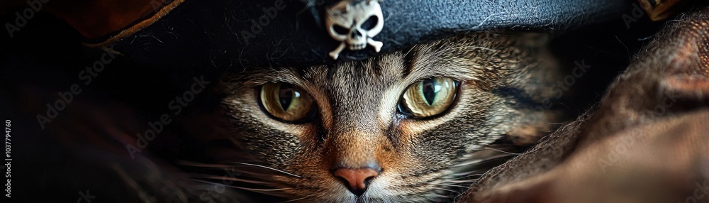 A cat dressed as a pirate, showcasing playful attitude and unique character. A cat dressed as a pirate, showcasing playful attitude and unique character.