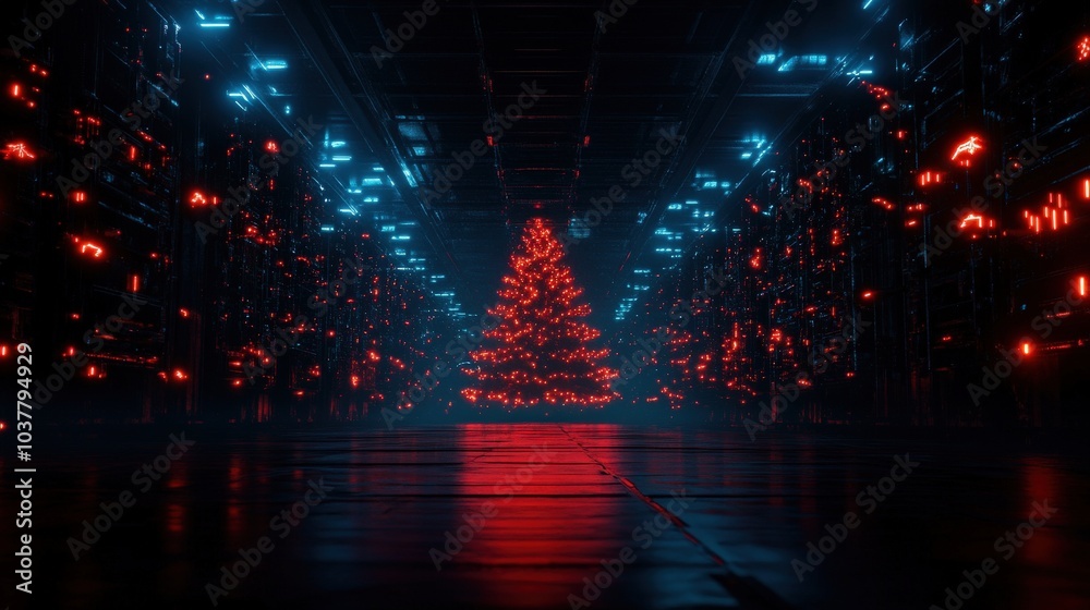 Naklejka premium Vibrant neon-lit Christmas tree in a dark, futuristic setting.