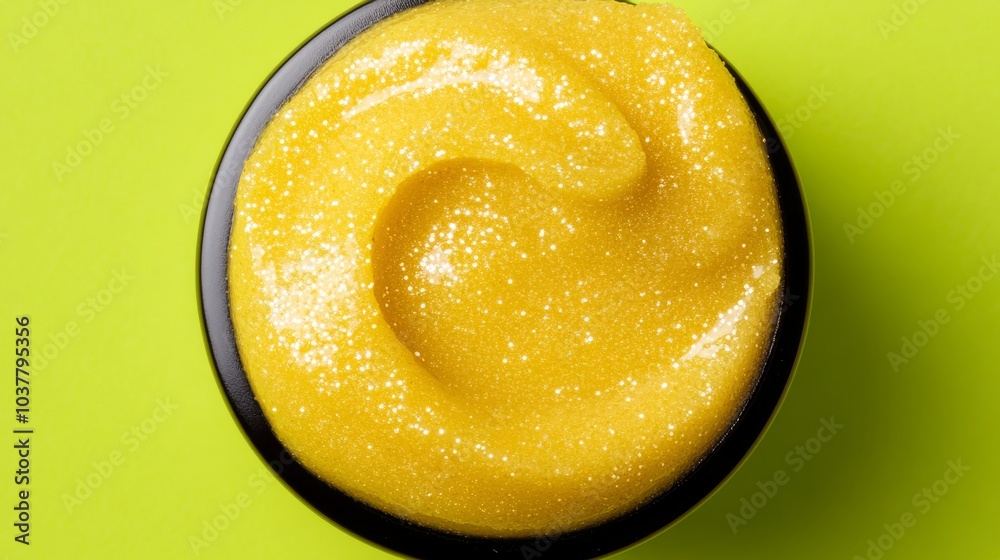 A luxurious gold shimmer and vanilla scrub with fine gold shimmer particles mixed into a creamy vanilla base, resting on a sleek lime green background. A luxurious gold shimmer and vanilla scrub with fine gold shimmer particles mixed into a creamy vanilla base, resting on a sleek lime green background.