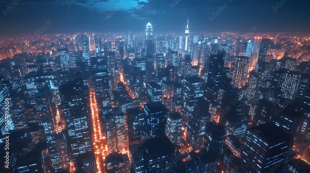 Obraz premium Business concept for information, communication , connection technology - panoramic modern city skyline bird eye aerial view under dramatic glow and beautiful dark blue sky.