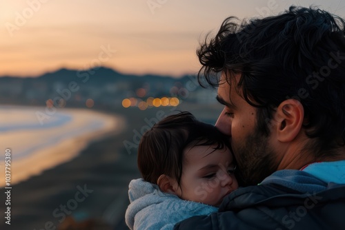 Beach Bonding: A Young Father and Son Spend Quality Time Together as Dad Holds and Admires His Baby Boy