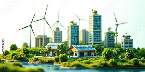 Illustration of a miniature green cityscape featuring solar panels, wind turbines, and eco-friendly buildings, symbolizing sustainable living and a clean future.