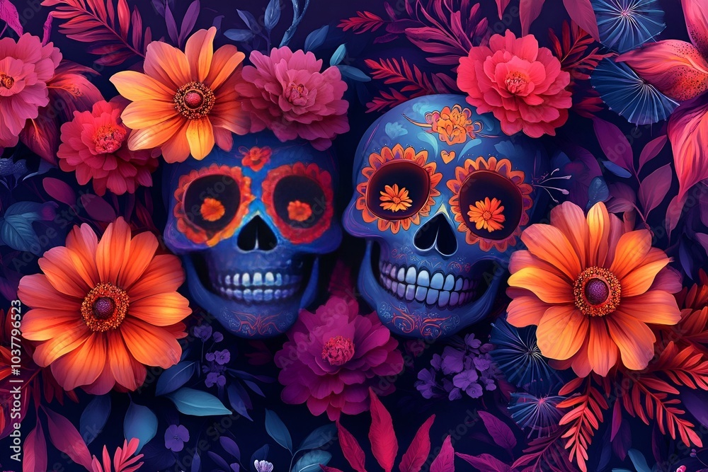 Pair of Skulls Adorned with Beautiful Flowers.
Pair of Skulls Adorned with Beautiful Flowers.