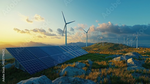 A scenic view of solar panels and wind turbines on rolling hills during sunset, showcasing renewable energy in nature. photo